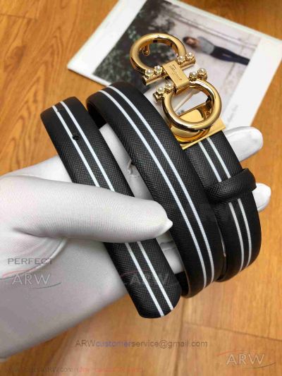 AAA Ferragamo Adjustable Belt For Women - Black And White Leather Gold Gancini Buckle